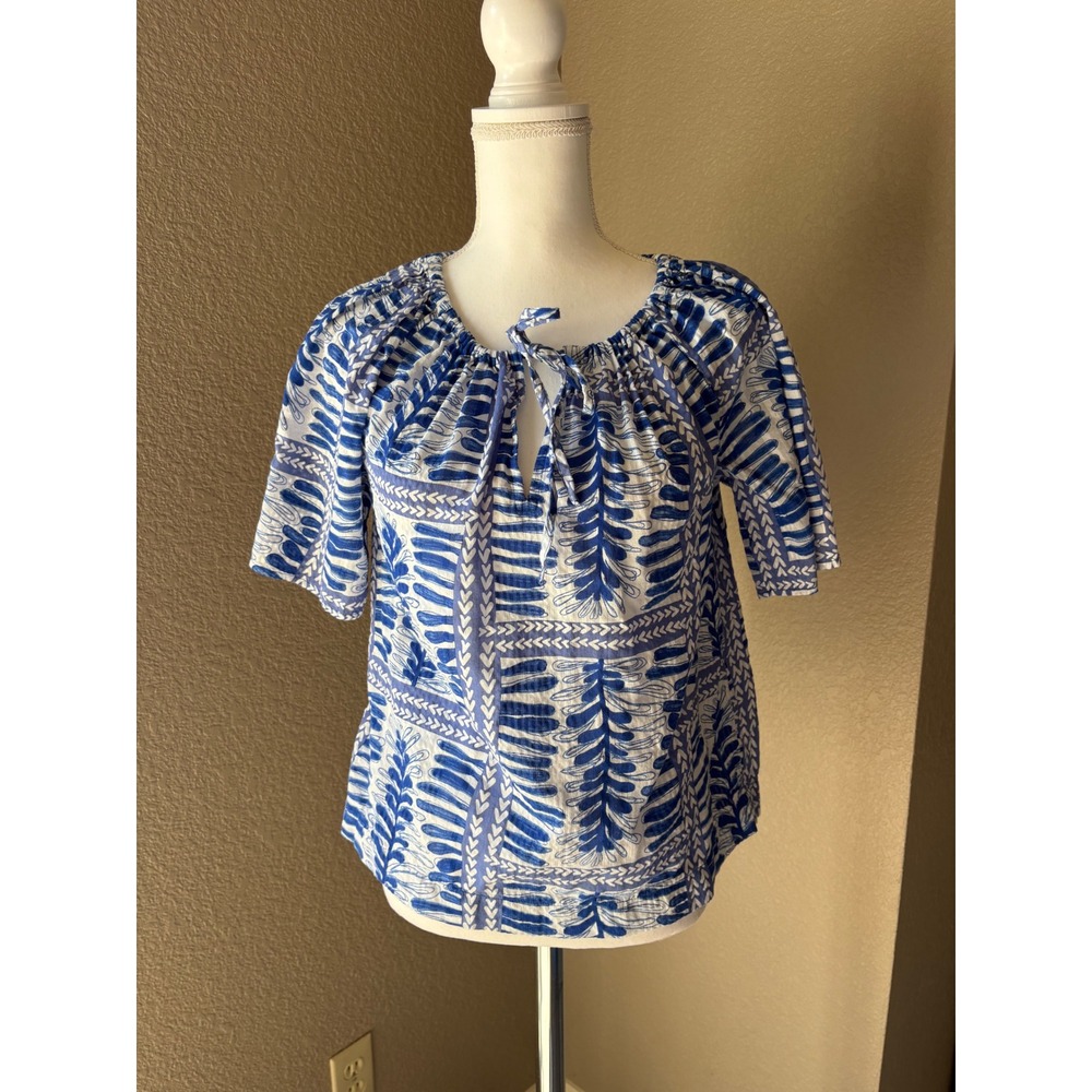 LOFT Womens XS‎ Blue White Block Print Cotton Split Neck Tie Boho Peasant Top